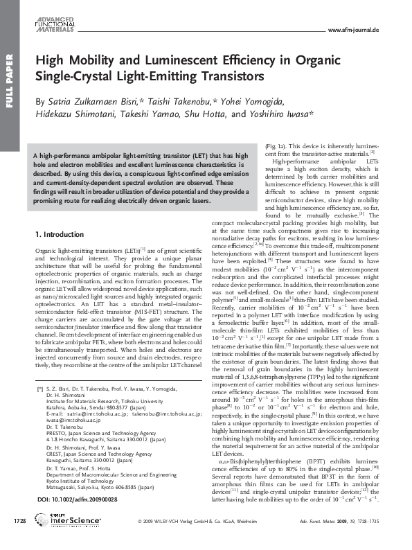 (PDF) High Mobility and Luminescent Efficiency in Organic Single ...