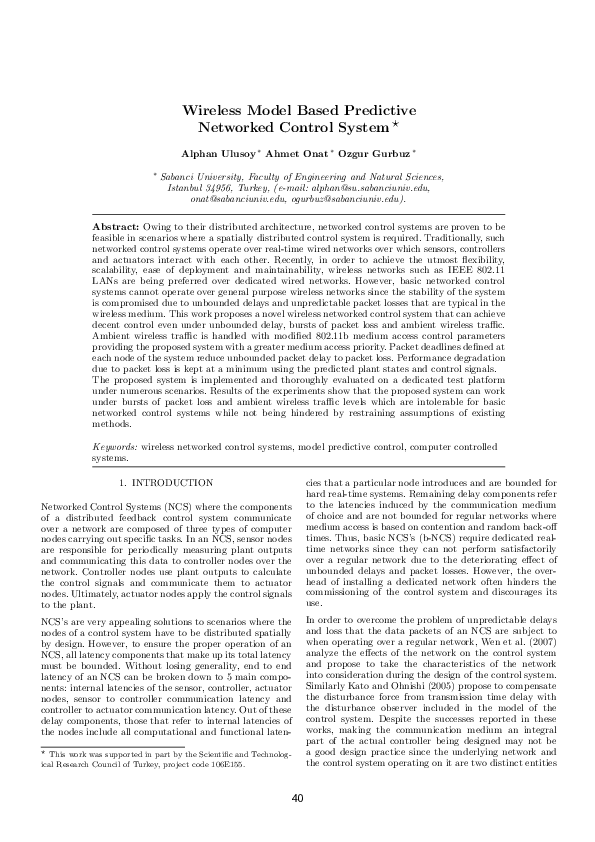 (PDF) Wireless model based predictive networked control system