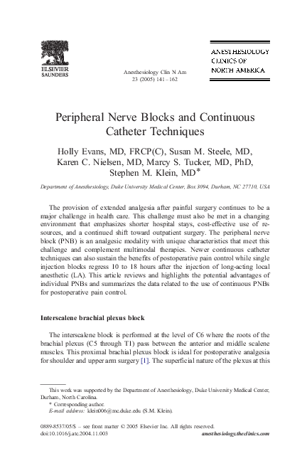 (PDF) Peripheral nerve blocks and continuous catheter techniques