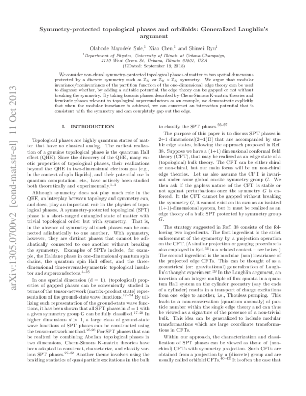 (PDF) Symmetry-protected topological phases and orbifolds: Generalized ...
