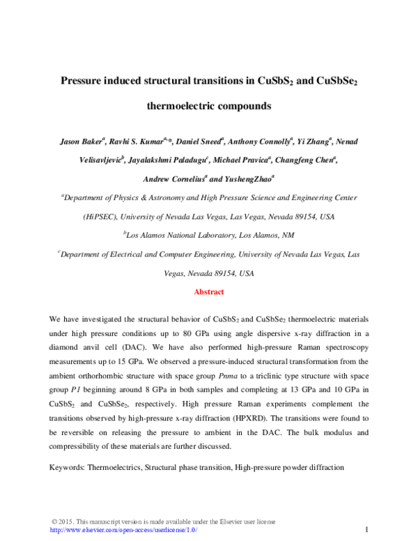 (PDF) Pressure induced structural transitions in CuSbS2 and CuSbSe2 ...