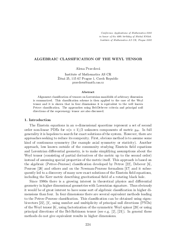 (PDF) Algebraic Classification of the Weyl Tensor