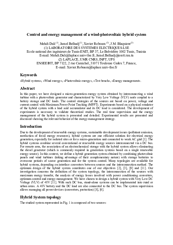 (PDF) Control and energy management of a wind-photovoltaic hybrid system