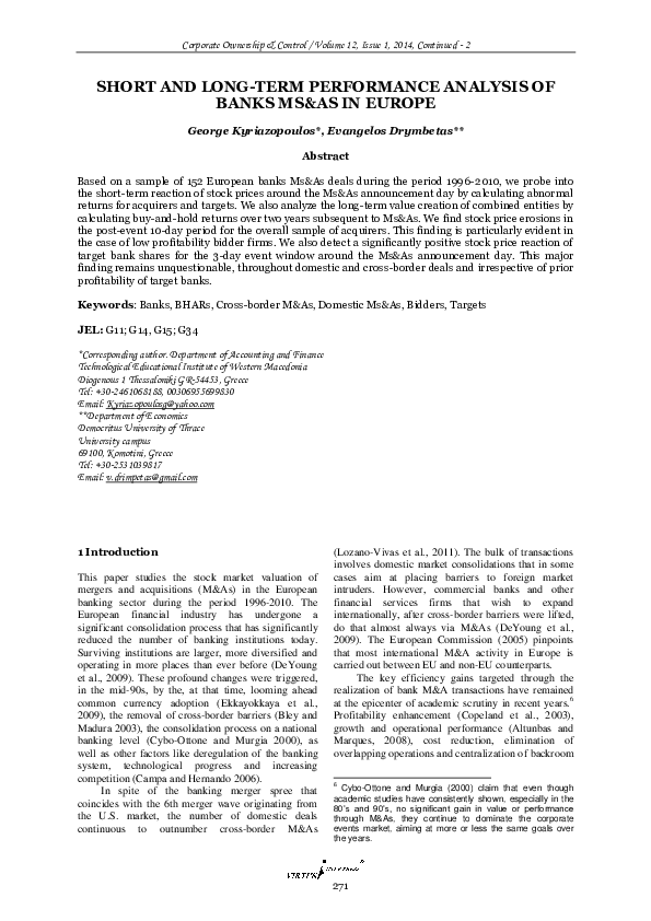 (PDF) Short and Long-Term Performance Analysis of Banks MS&As in Europe