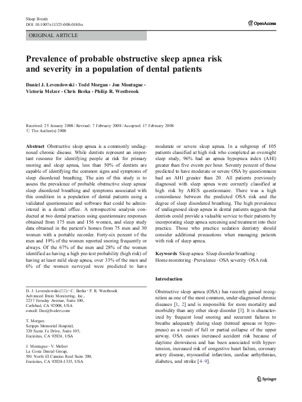 (PDF) Prevalence of probable obstructive sleep apnea risk and severity ...