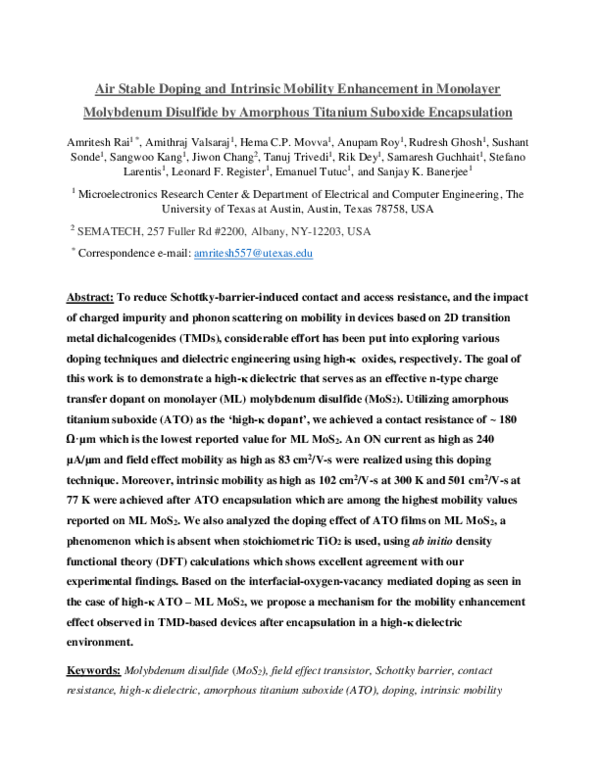 (PDF) Air Stable Doping and Intrinsic Mobility Enhancement in Monolayer ...