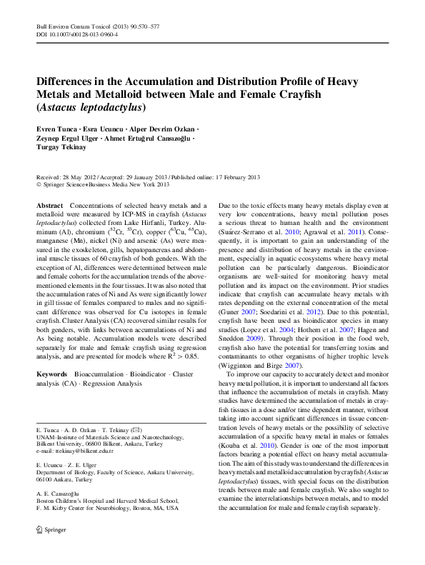 Pdf Differences In The Accumulation And Distribution Profile Of Heavy Metals And Metalloid Between Male And Female Crayfish Astacus Leptodactylus Esra Ucuncu Academia Edu