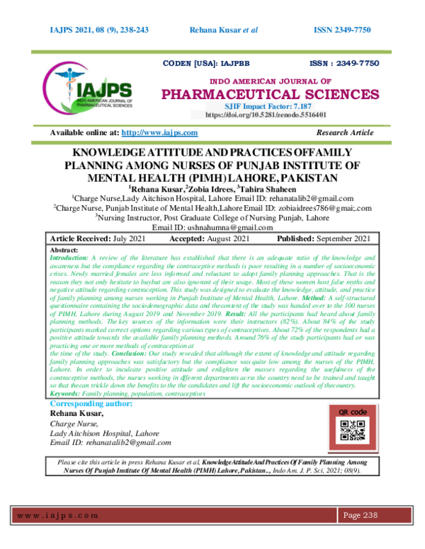 (PDF) KNOWLEDGE ATTITUDE AND PRACTICES OF FAMILY PLANNING AMONG NURSES ...