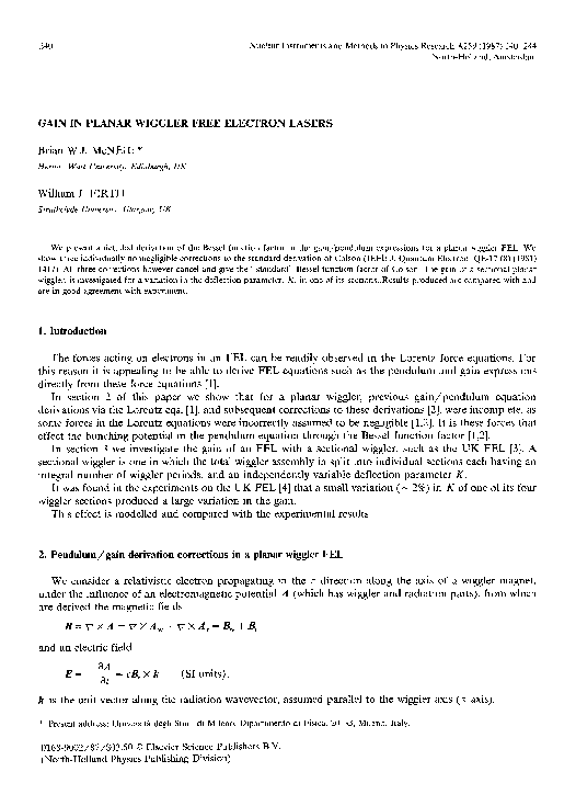 (PDF) Gain in planar wiggler free electron lasers