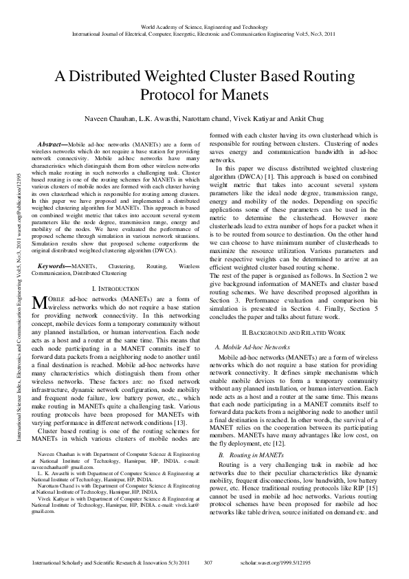 (PDF) A Distributed Weighted Cluster Based Routing Protocol for MANETs