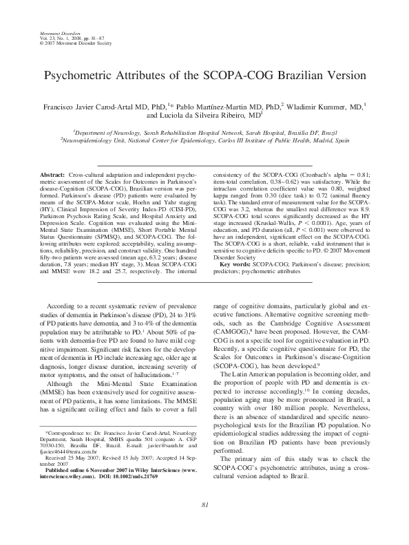 (PDF) Psychometric attributes of the SCOPA-COG Brazilian version
