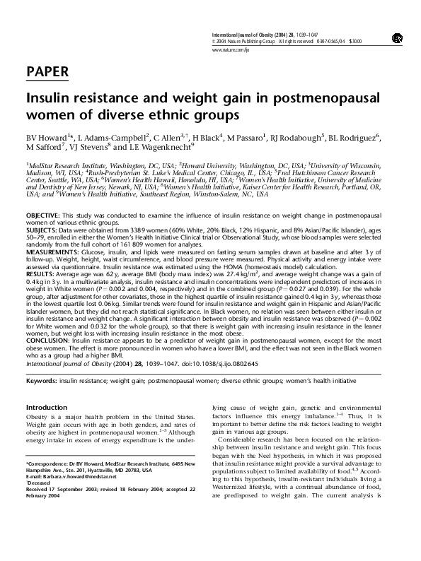 (PDF) Insulin resistance and weight gain in postmenopausal women of ...