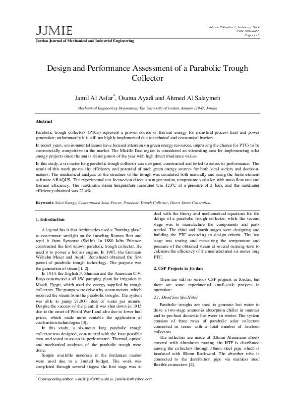 (PDF) Design and Performance Assessment of a Parabolic Trough Collector