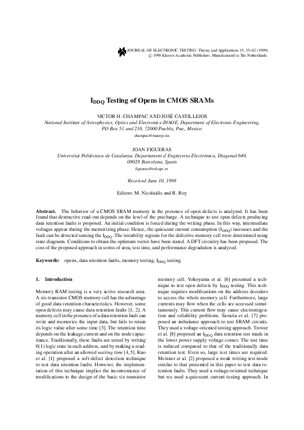 (PDF) IDDQ Testing of Opens in CMOS SRAMs