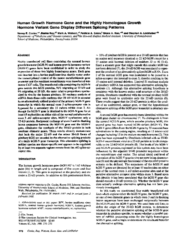 (PDF) Human growth hormone gene and the highly homologous growth ...
