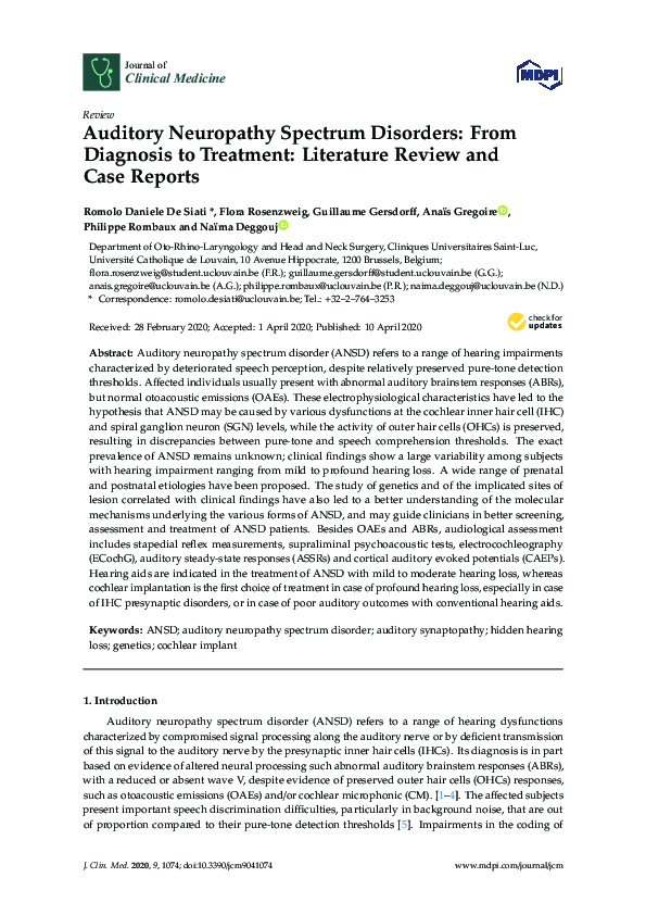 (PDF) Auditory Neuropathy Spectrum Disorders: From Diagnosis to ...
