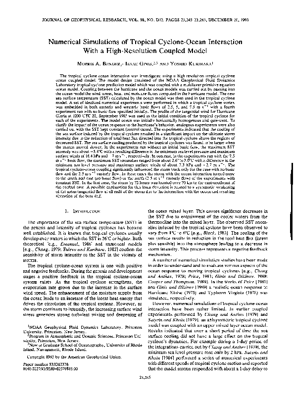 (PDF) Numerical simulations of tropical cyclone-ocean interaction with ...
