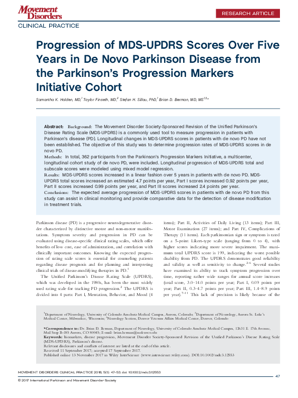 (PDF) Progression of MDS-UPDRS scores over five years in de novo ...