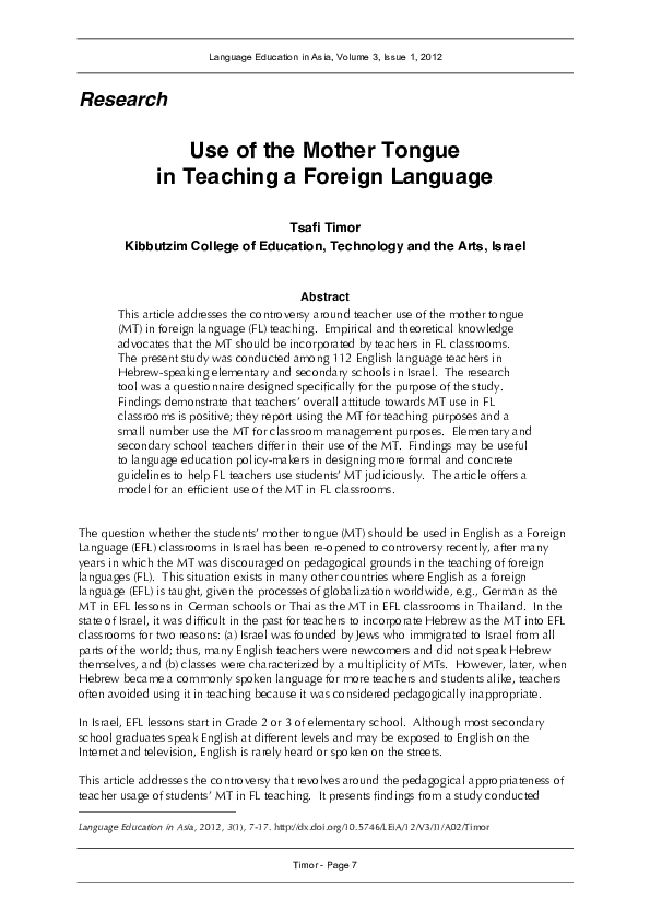 (PDF) Use of the Mother Tongue in Teaching a Foreign Language