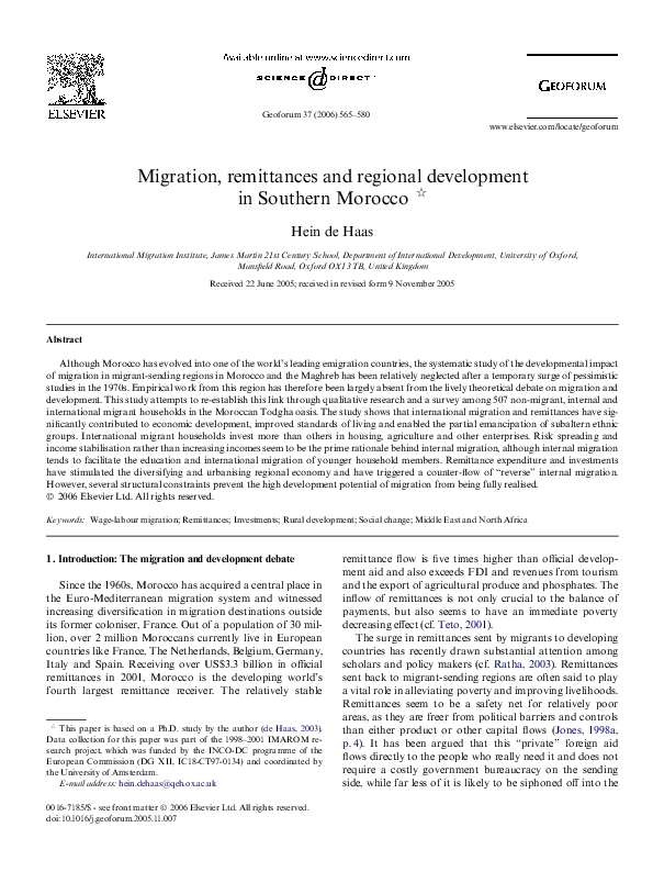 (PDF) Migration, remittances and regional development in Southern Morocco