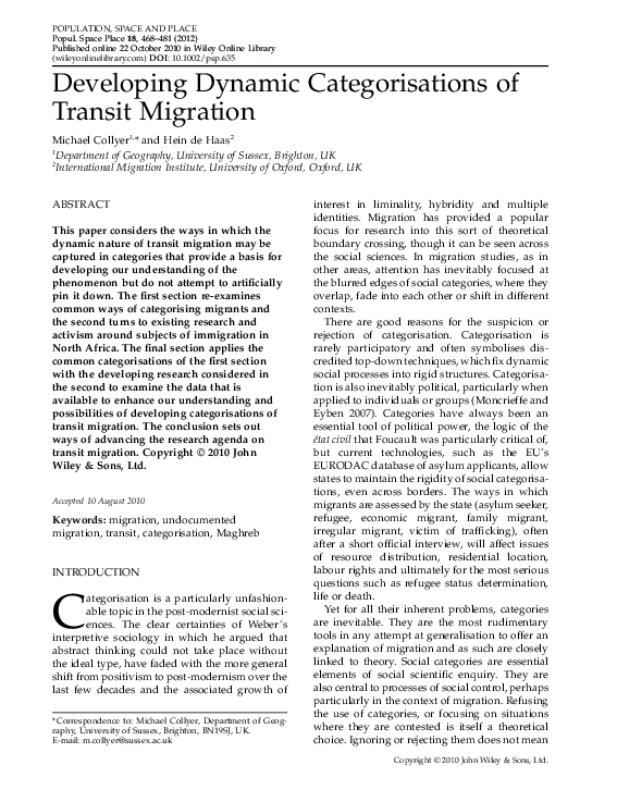 (PDF) Developing dynamic categorisations of transit migration Hein de