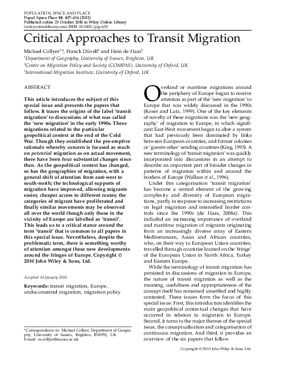 (PDF) Critical approaches to transit migration Hein de Haas