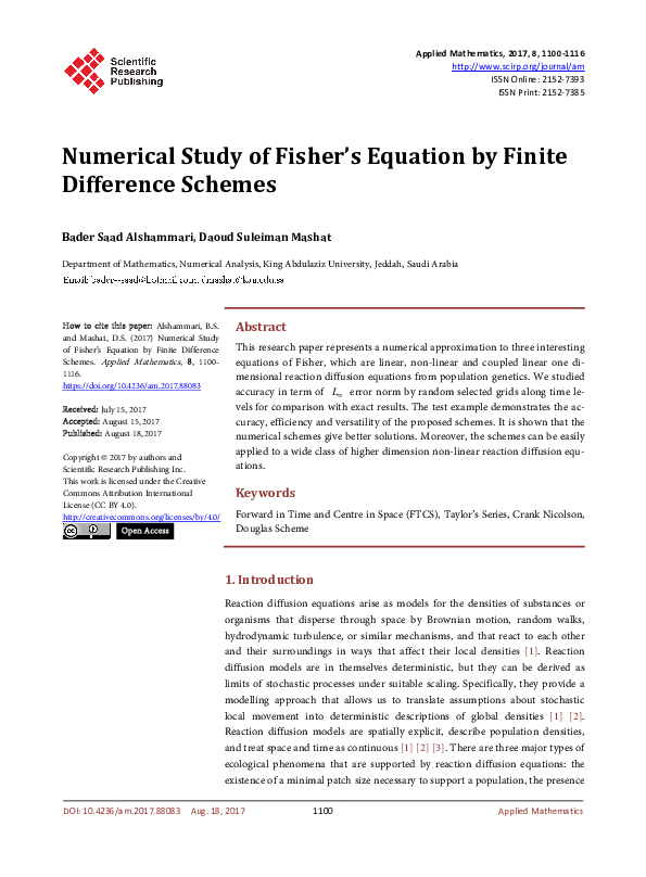 (PDF) Numerical Study of Fisher’s Equation by Finite Difference Schemes