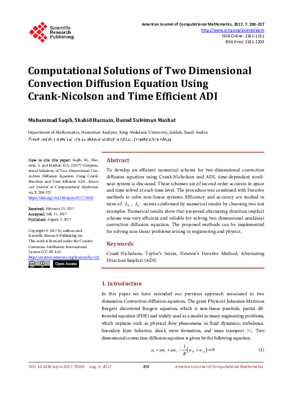 (PDF) Computational Solutions of Two Dimensional Convection Diffusion ...