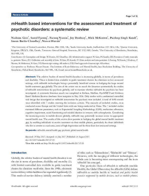(PDF) mHealth based interventions for the assessment and treatment of ...