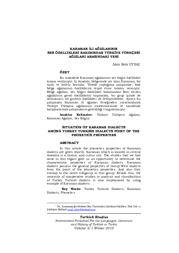 (PDF) Situation Of Karaman Dialects Among Turkey Turkish Dialects Point