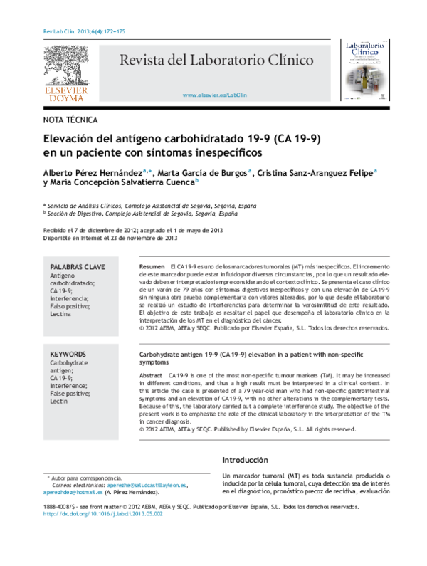 (PDF) Elevación del antígeno carbohidratado 199 (CA 199) en un paciente con síntomas (PDF) Elevación del antígeno carbohidratado 199 (CA 199) en un paciente con síntomas