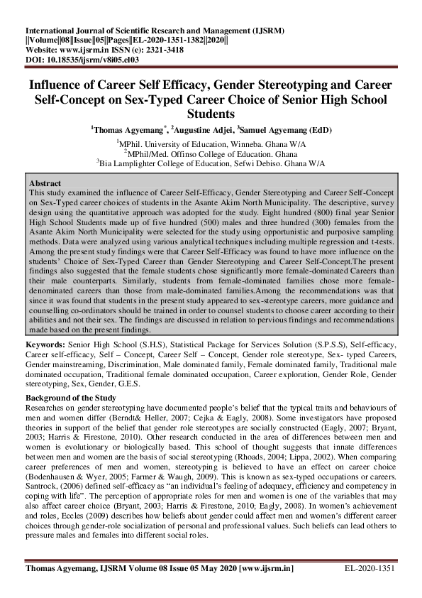 (PDF) Influence of Career Self Efficacy, Gender Stereotyping and Career ...