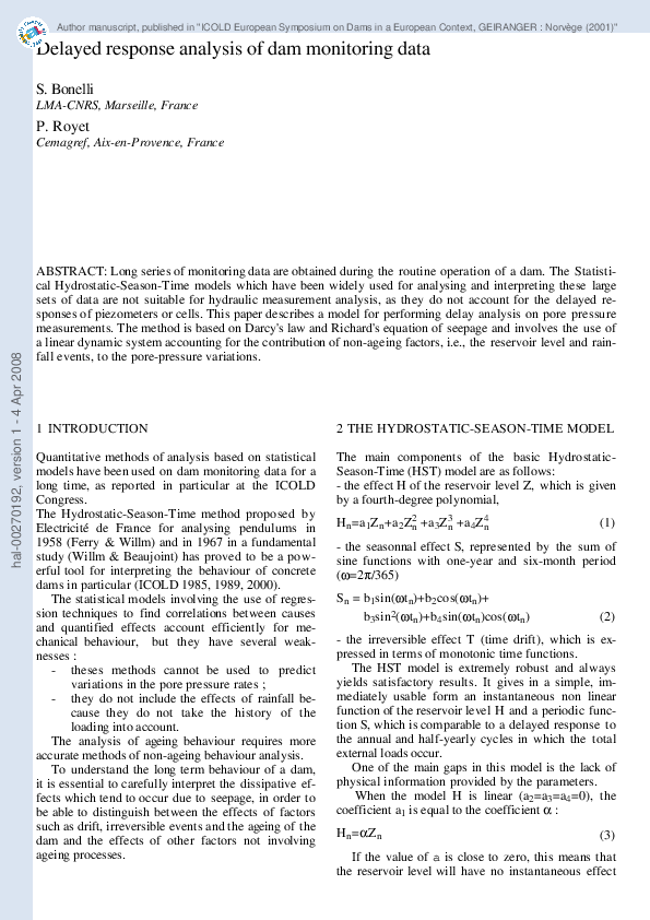 (PDF) Delayed response analysis of dam monitoring data