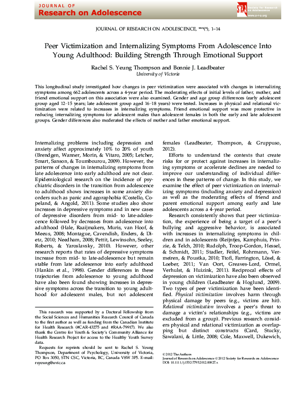 (PDF) Peer Victimization and Internalizing Symptoms From Adolescence Into Young Adulthood