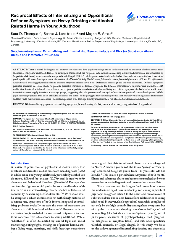 (PDF) Reciprocal Effects of Internalizing and Oppositional Defiance Symptoms on Heavy Drinking