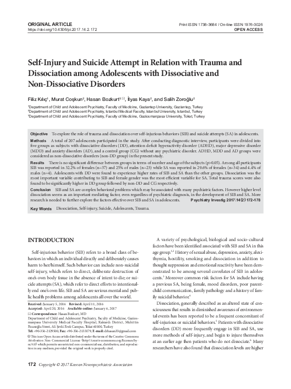 (PDF) Self-Injury and Suicide Attempt in Relation with Trauma and ...