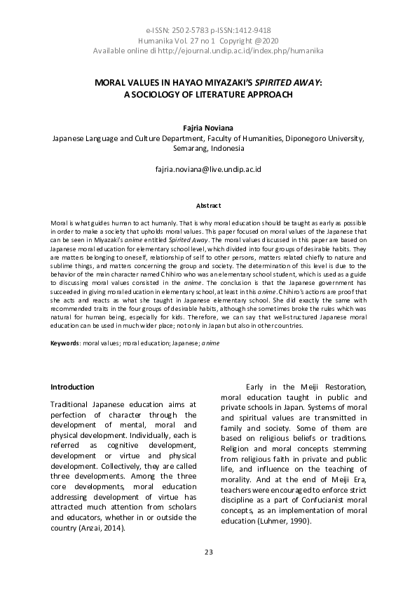  PDF Moral Values In Hayao Miyazaki s Spirited Away A Sociology Of 