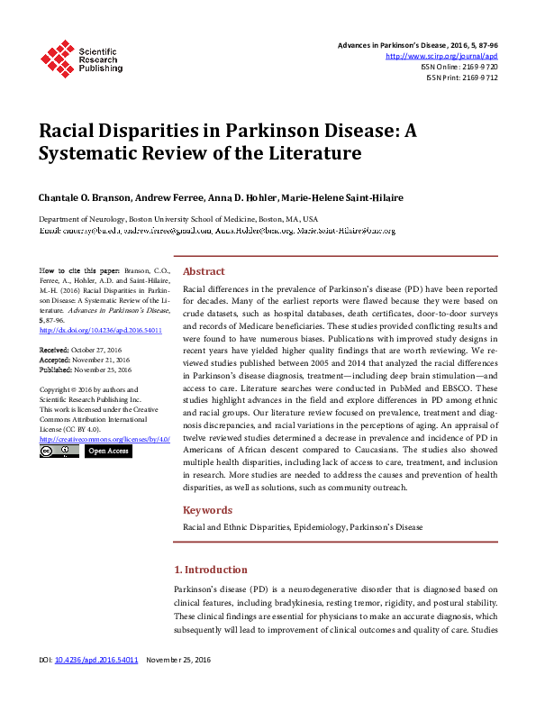 (PDF) Racial Disparities in Parkinson Disease A Systematic Review of