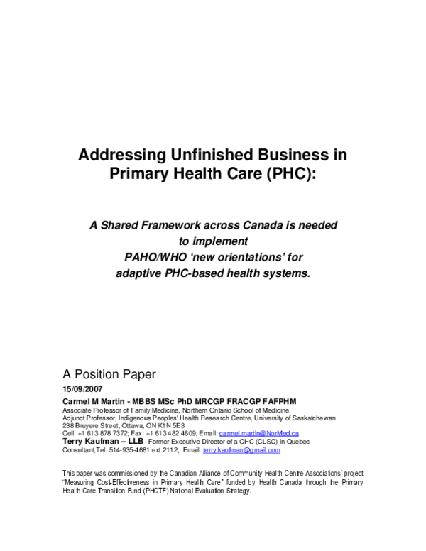(PDF) Towards a framework for Primary Health Care Transition in Canada