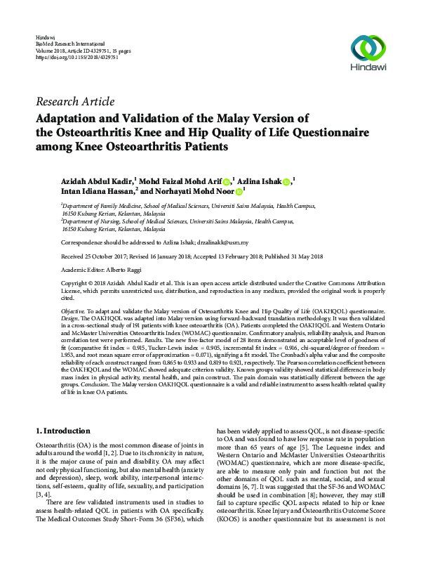 (PDF) Adaptation and Validation of the Malay Version of the