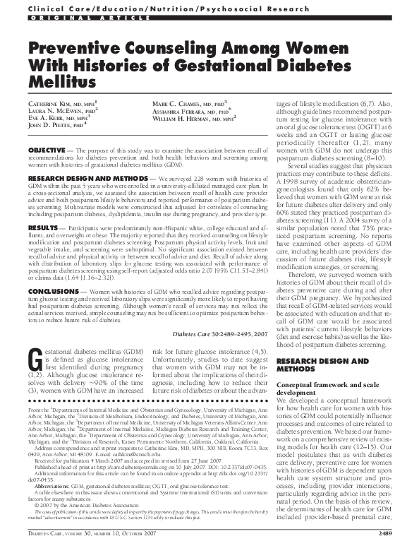 (PDF) Preventive Counseling Among Women With Histories of Gestational ...