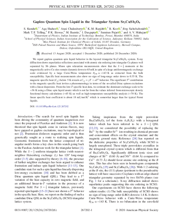 (PDF) Gapless Quantum Spin Liquid in the Triangular System Sr3CuSb2O9