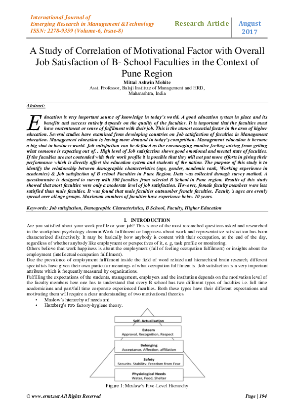 (PDF) A Study of Correlation of Motivational Factor with Overall Job ...