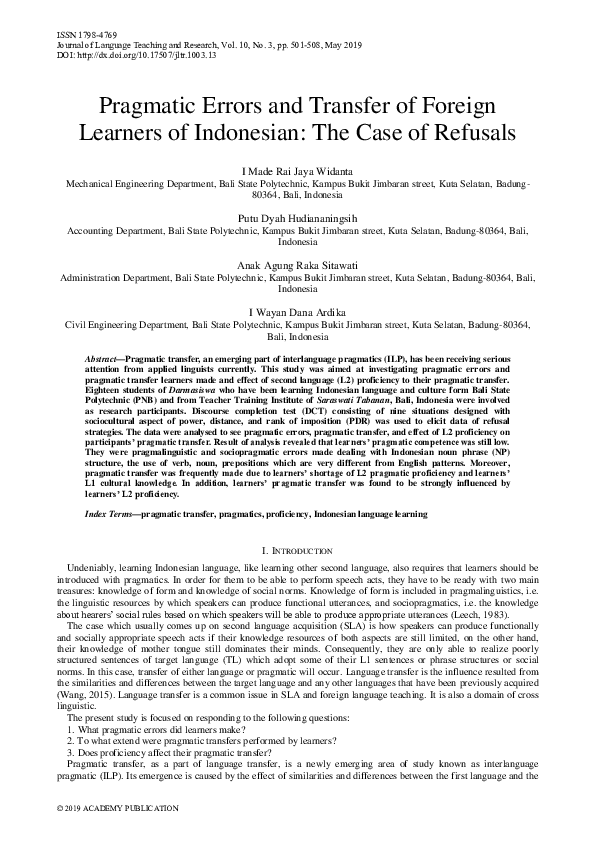 (PDF) Pragmatic Errors and Transfer of Foreign Learners of Indonesian ...