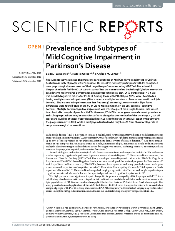 (PDF) Prevalence and Subtypes of Mild Cognitive Impairment in Parkinson ...