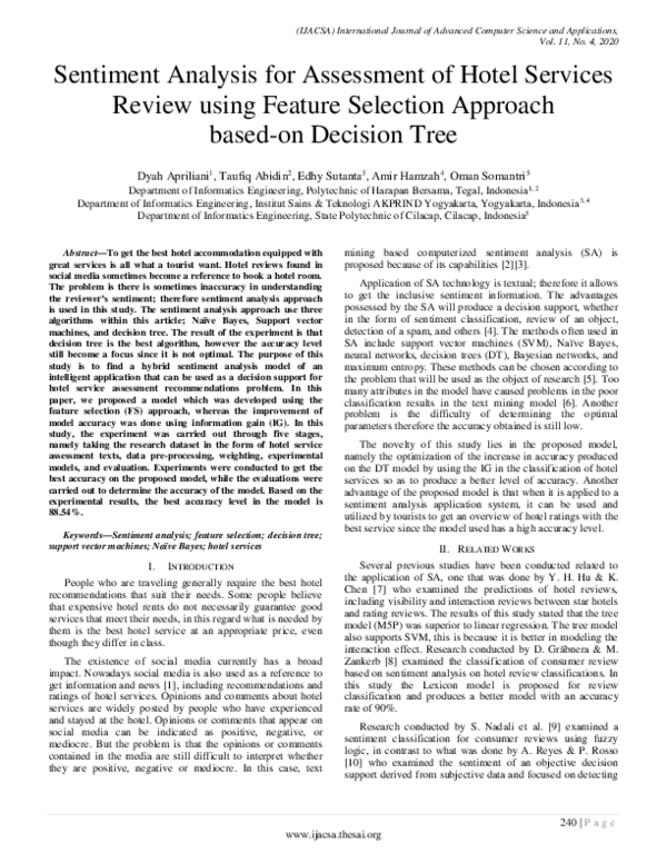 (PDF) Sentiment Analysis for Assessment of Hotel Services Review using ...