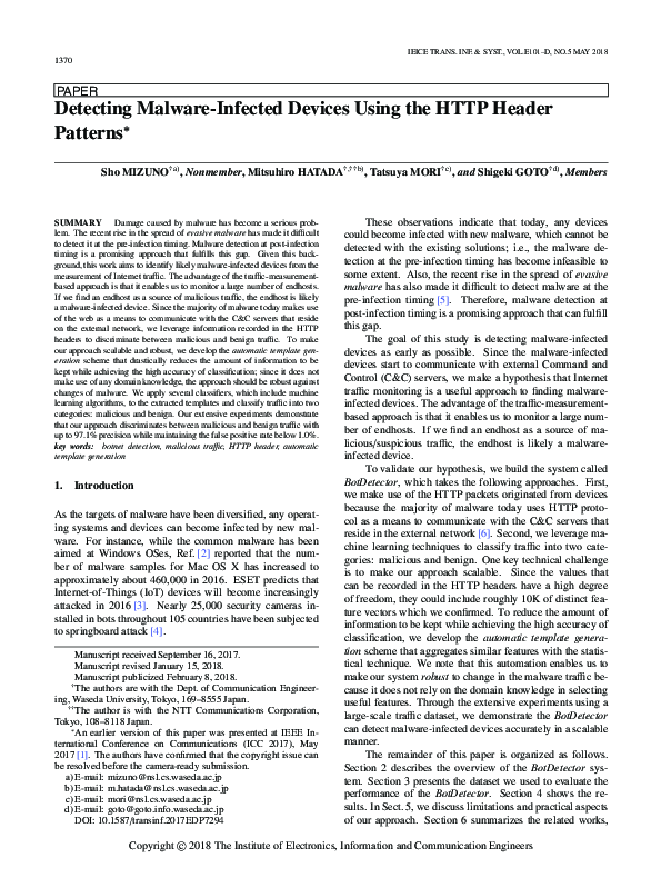 (PDF) Detecting Malware-Infected Devices Using the HTTP Header Patterns