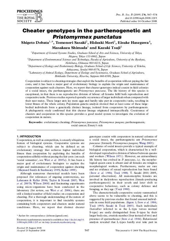 (PDF) Cheater genotypes in the parthenogenetic ant Pristomyrmex punctatus