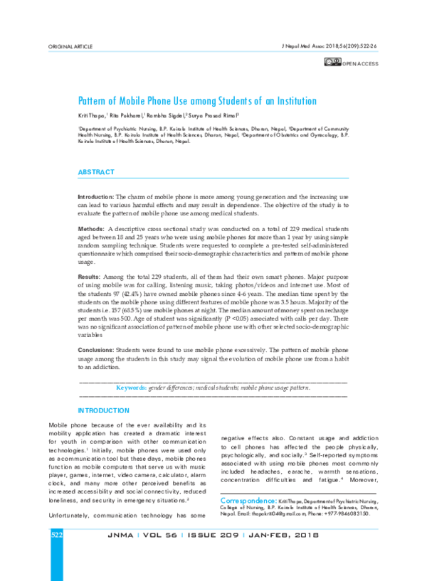 (PDF) Pattern of Mobile Phone Use among Students of An Institution