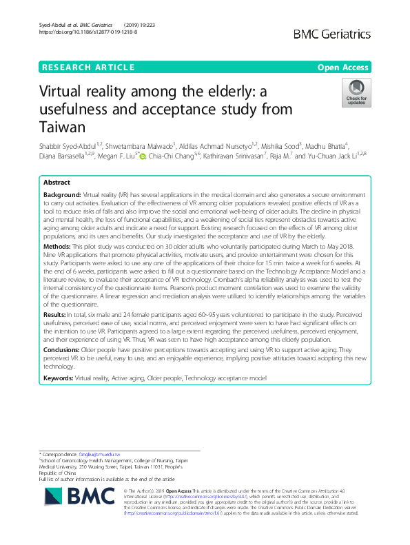 (PDF) Virtual reality among the elderly a usefulness and acceptance